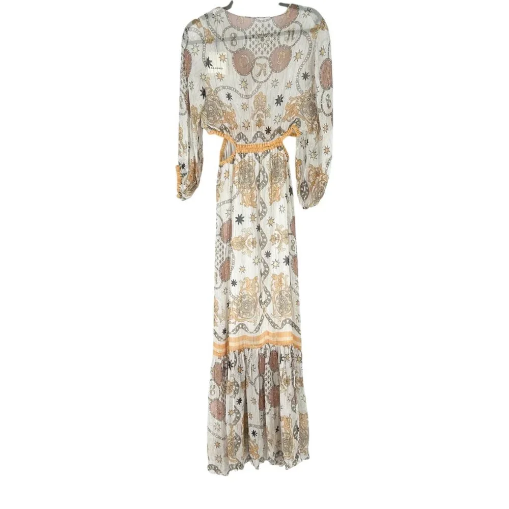 NWT Sandro Valldemossa Metallic Scarf Print Cutout Maxi Dress 36